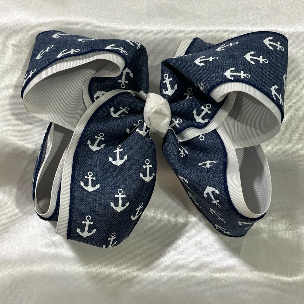 Navy Anchor Pattern Hair Bow with White Trim- bundle 2+ and save on shipping